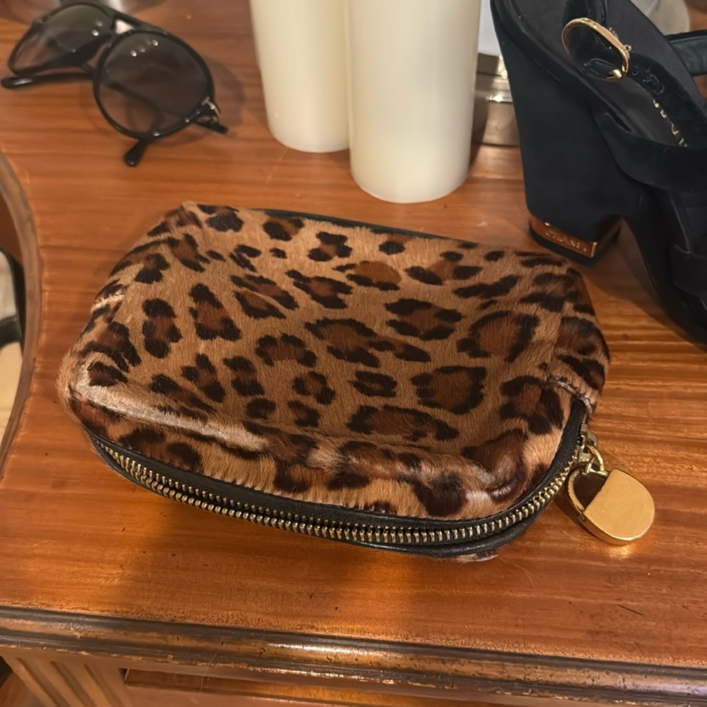 Ralph Lauren Purple Label Leopard Calf Hair Zip Pouch with Gold Hardware